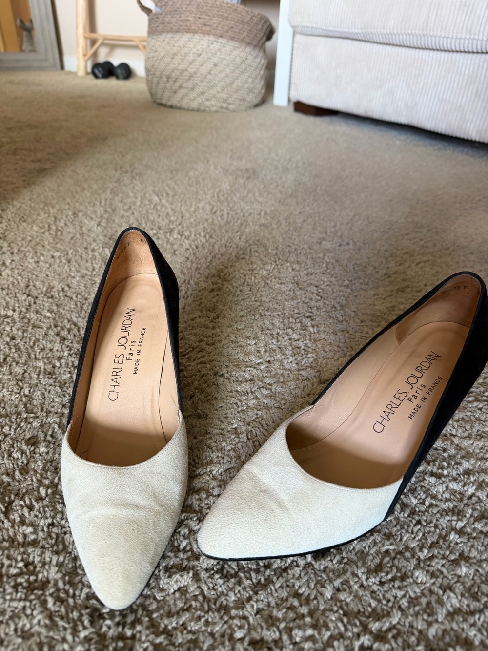 Charles Jourdan Two-Tone Cream and Black Pointed Pumps